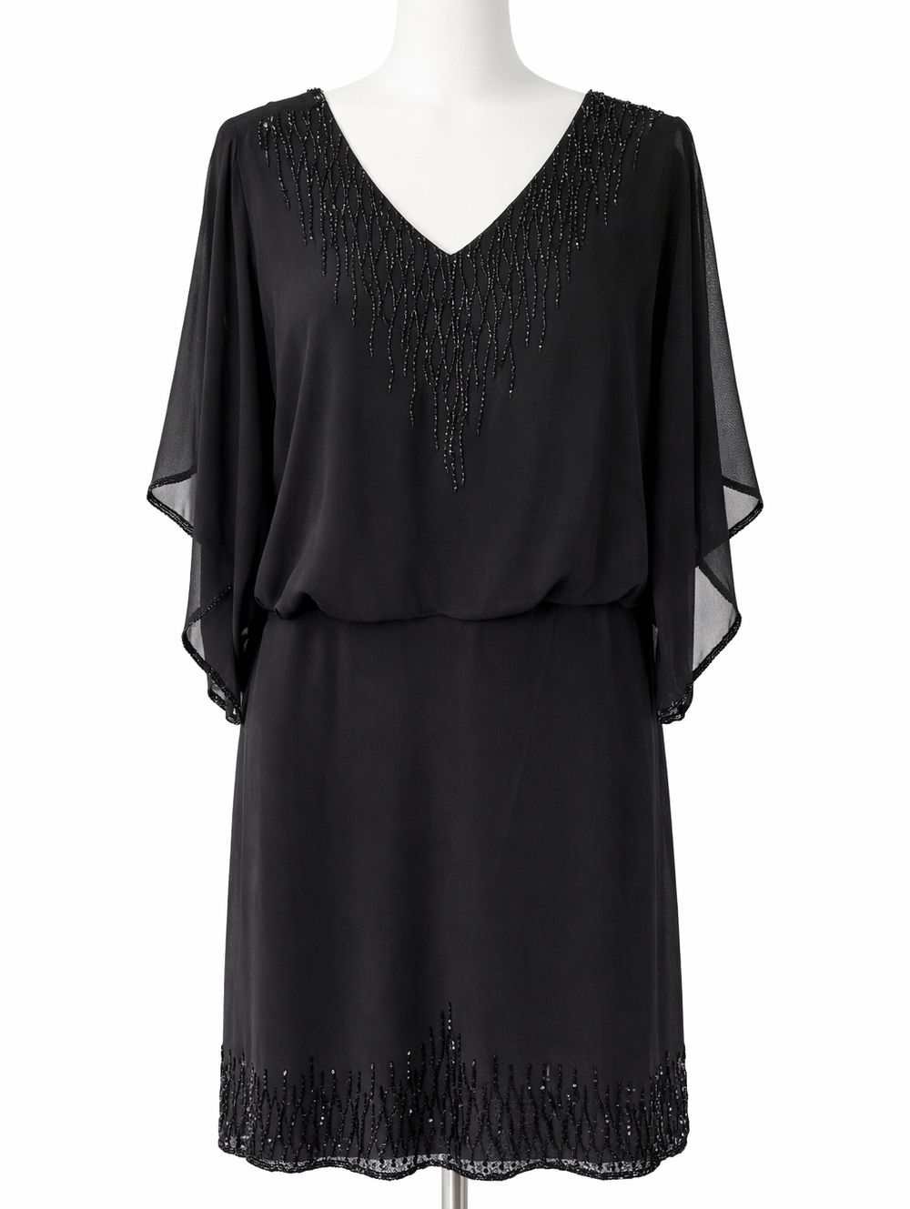 Jkara Women's Black Chiffon Beaded Drape Sleeve Midi Dress Sz 14W Formal Party